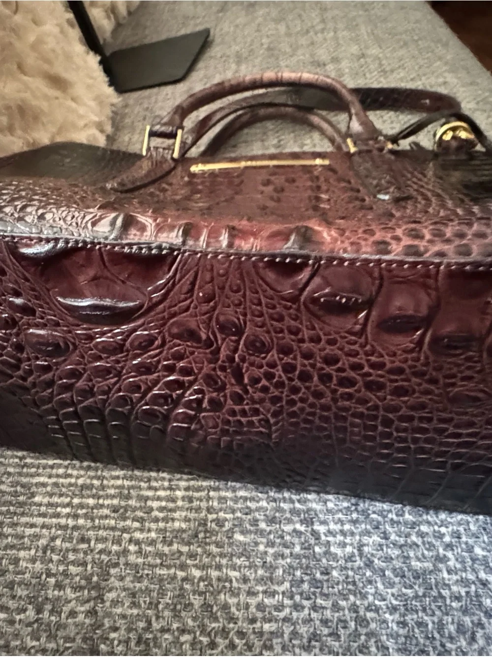 Brahmin Lincoln Satchel Melbourne Cocoa CrocEmbossed Leather Convertible Handbag